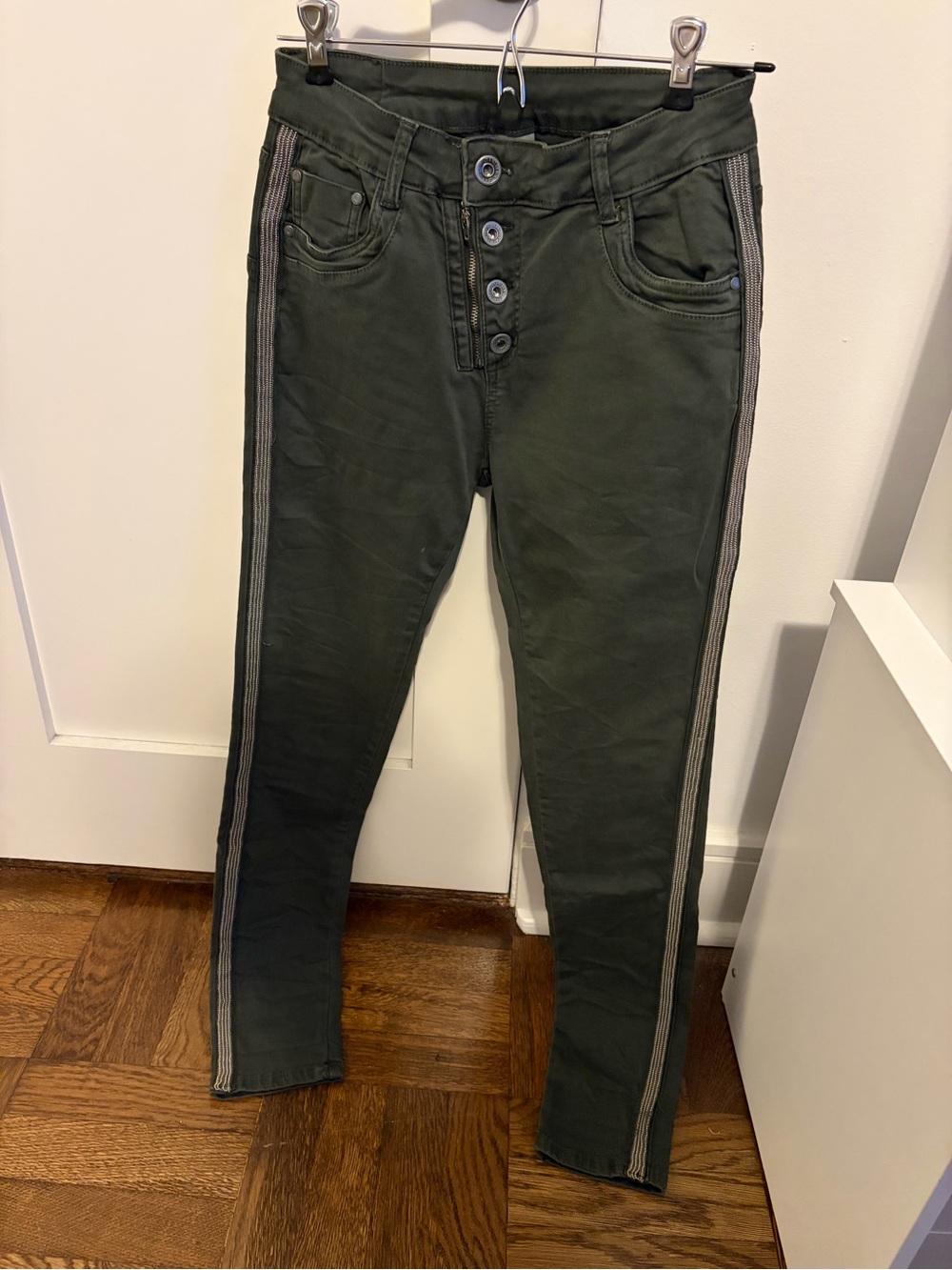 Slim Skinny Jeans in Olive Green with Side Stripe